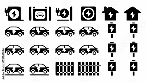 Illustration of electric vehicle charging stations cars and battery symbols in black and white style | editable eps vectors silhouette