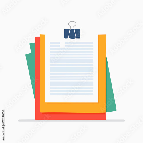 Paper and red document stack, illustration. Paperwork with a paper clip, in a minimalistic and clean design.