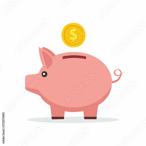 A cute pink piggy bank with a golden coin being dropped in. This minimalist illustration represents savings, investment, and financial planning.