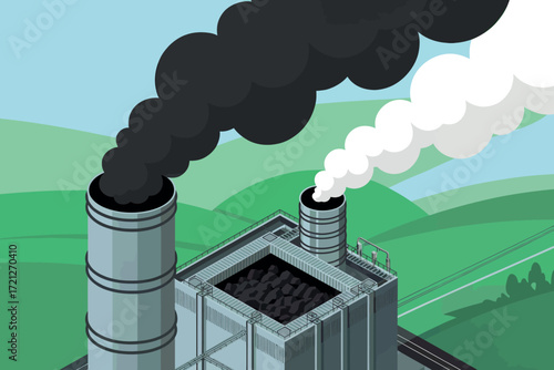 Industrial factory chimneys emitting black and white smoke against a green landscape under a clear sky