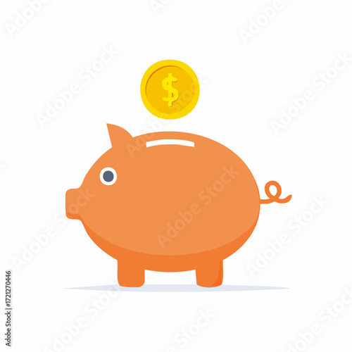 A cute pink piggy bank with a golden coin being dropped in. This minimalist illustration represents savings, investment, and financial planning.