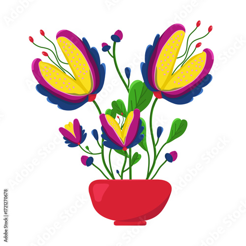 Vector postcard with fantastic flowers in a vase on a white background. Botanical alien icon.