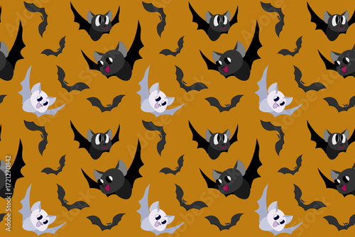 Seamless pattern of whimsical bats in various sizes and colors on a warm orange background. Playful design, perfect for fun Halloween digital paper or textiles.