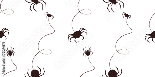 Seamless pattern of stylized spiders dangling from thin, swirling webs on a white background. Playful design, perfect for Halloween prints or spider lovers.
