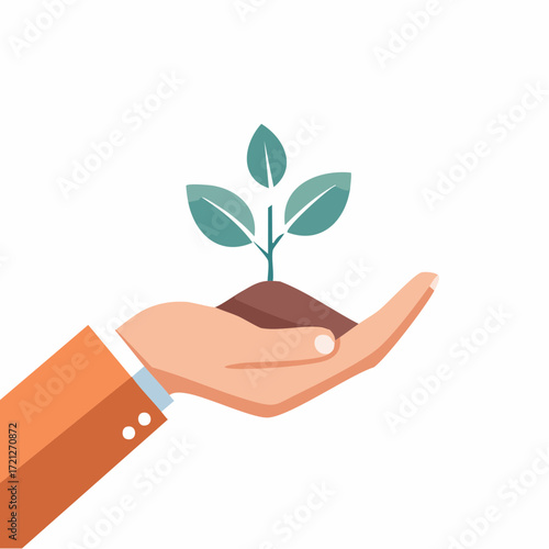 
A hand gently holds a small growing plant. This illustration represents growth, care, and a new beginning in business, nature, and life.