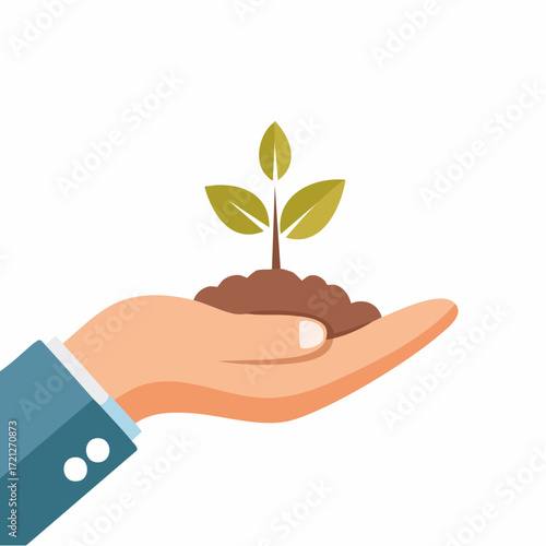 
A hand gently holds a small growing plant. This illustration represents growth, care, and a new beginning in business, nature, and life.