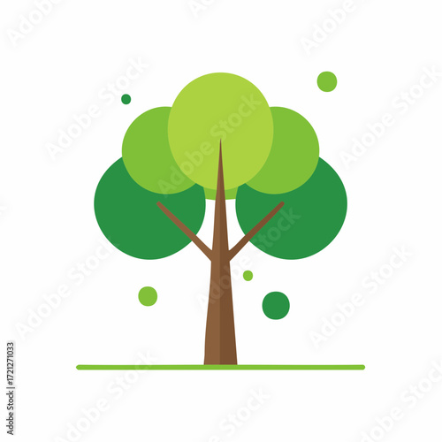 A vibrant tree with a trunk and circular leaves in various shades of green. This illustration represents nature, growth, and the environment in a modern style