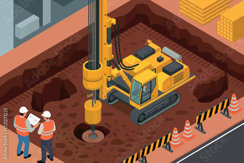 Construction site scene with yellow drilling rig and workers overseeing foundation work engaging in detailed planning and project management for infrastructure development.