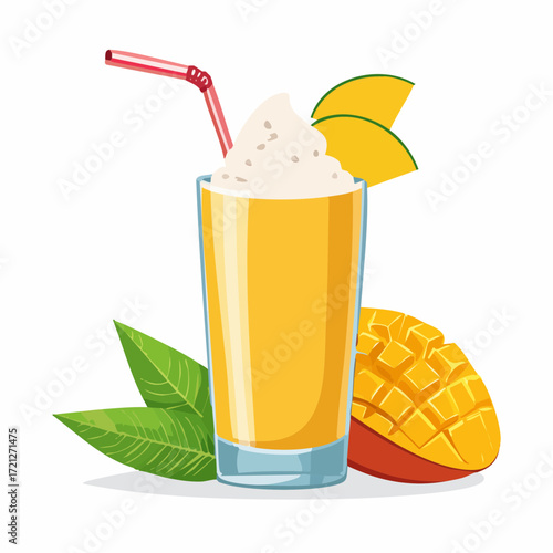 
A vibrant illustration of a mango smoothie in a tall glass, garnished with cream and a straw. A fresh mango and leaf are beside it.