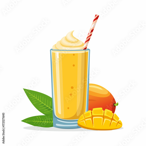 
A vibrant illustration of a mango smoothie in a tall glass, garnished with cream and a straw. A fresh mango and leaf are beside it.