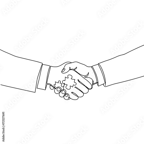 Handshake between two individuals with puzzle piece symbolism  
