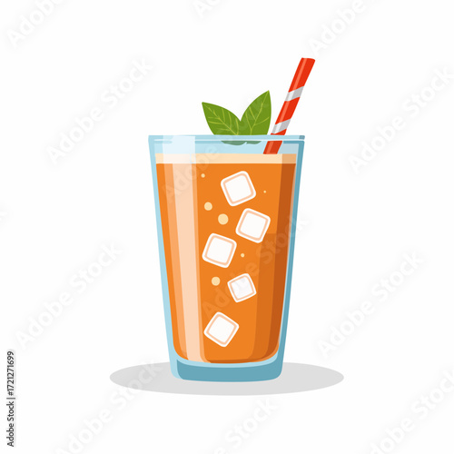 A vibrant glass of iced tea with ice cubes, a straw, and a fresh mint leaf. This illustration represents a refreshing summer drink in a clean, flat design.