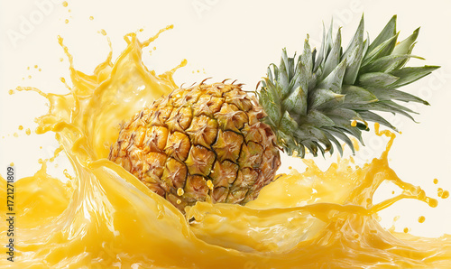 Pineapple splashing in juice isolated on white background