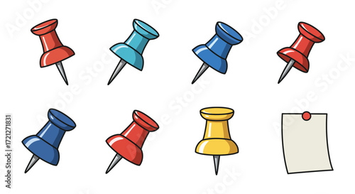 Colorful drawing of various push pins and a blank note card