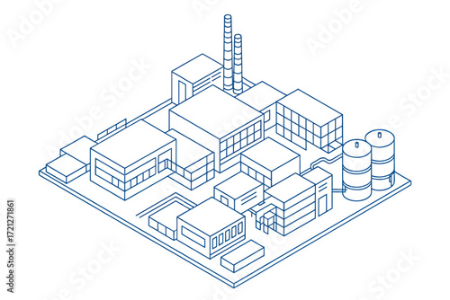 Isometric cityscape sketch with buildings and architectural structures in a clean line art style