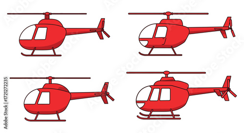 Four red cartoon helicopters depicted in various simple orientations