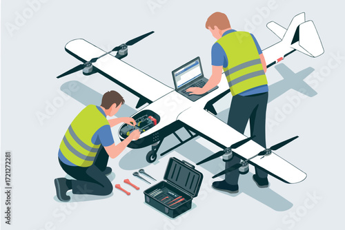Technicians meticulously examine and calibrate a large drone ensuring operational readiness for aerial tasks and advanced technology deployment