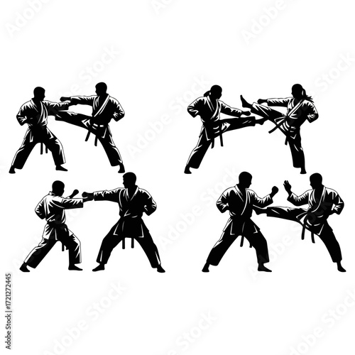Set of Karate Fighter Silhouettes in Action Poses.