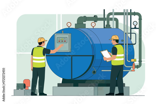 Skilled engineers in safety vests and hard hats inspect a large blue industrial boiler system in a clean facility setting showcasing maintenance and operational efficiency.