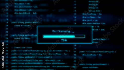 Glowing blue progress bar showing 76 percent port scanning with abstract code background technology programming