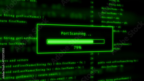 Green neon glowing progress bar showing 79 percent port scanning on a dark background with code loading