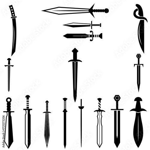 Collection of swords and daggers silhouettes in black vector style