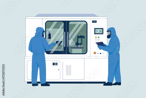 Scientists in hazmat suits operating advanced laboratory equipment for scientific research and development