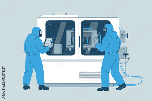 Scientists in hazmat suits working in a sterile laboratory environment with advanced equipment and futuristic technology
