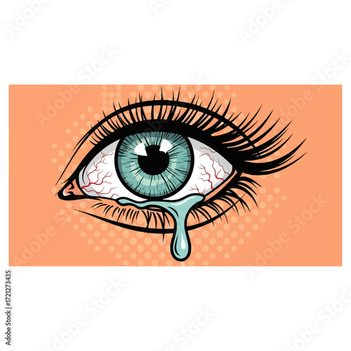 Crying eye with a tear drop, pop art style illustration.