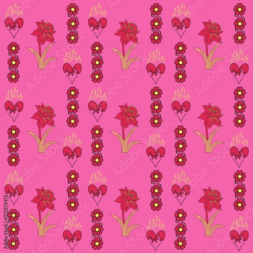 seamless floral pattern, Seamless pattern with red lilies, flowers, and flaming hearts on a bright pink background