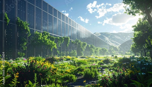 Futuristic Glass Wall and Vibrant Wildflower Meadow