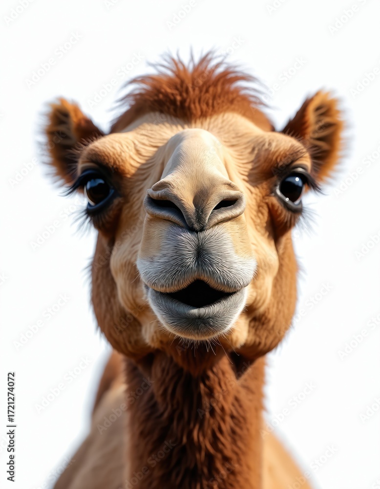 Obraz premium Close-up camel portrait shows smiling face, big eyes, brown fur. Domestic mammal looks friendly, cheerful, curious. Animal isolated on white background, studio shot. Gentle expression, funny mammal.
