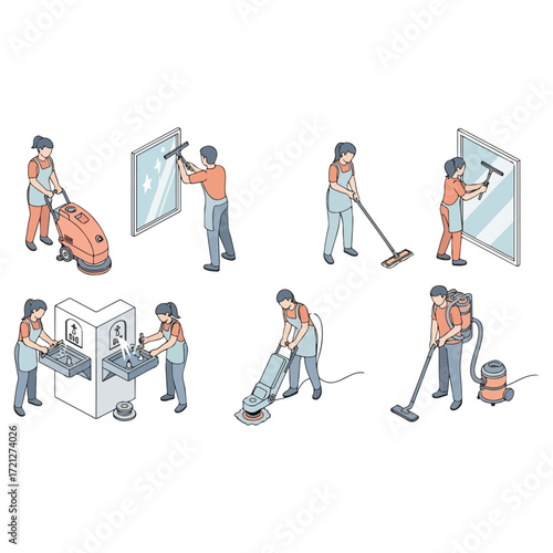 Isometric Cleaning Service Illustrations - Window Washing, Floor Care, and Laundry.