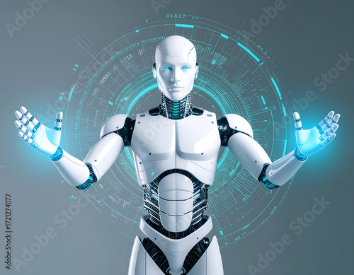 Advanced humanoid robot with glowing blue circuits demonstrating technological innovation and future possibilities in science