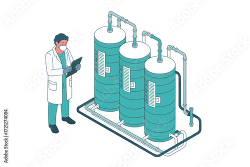 Scientist inspects industrial chemical processing tanks in a laboratory setting with digital tablet analysis