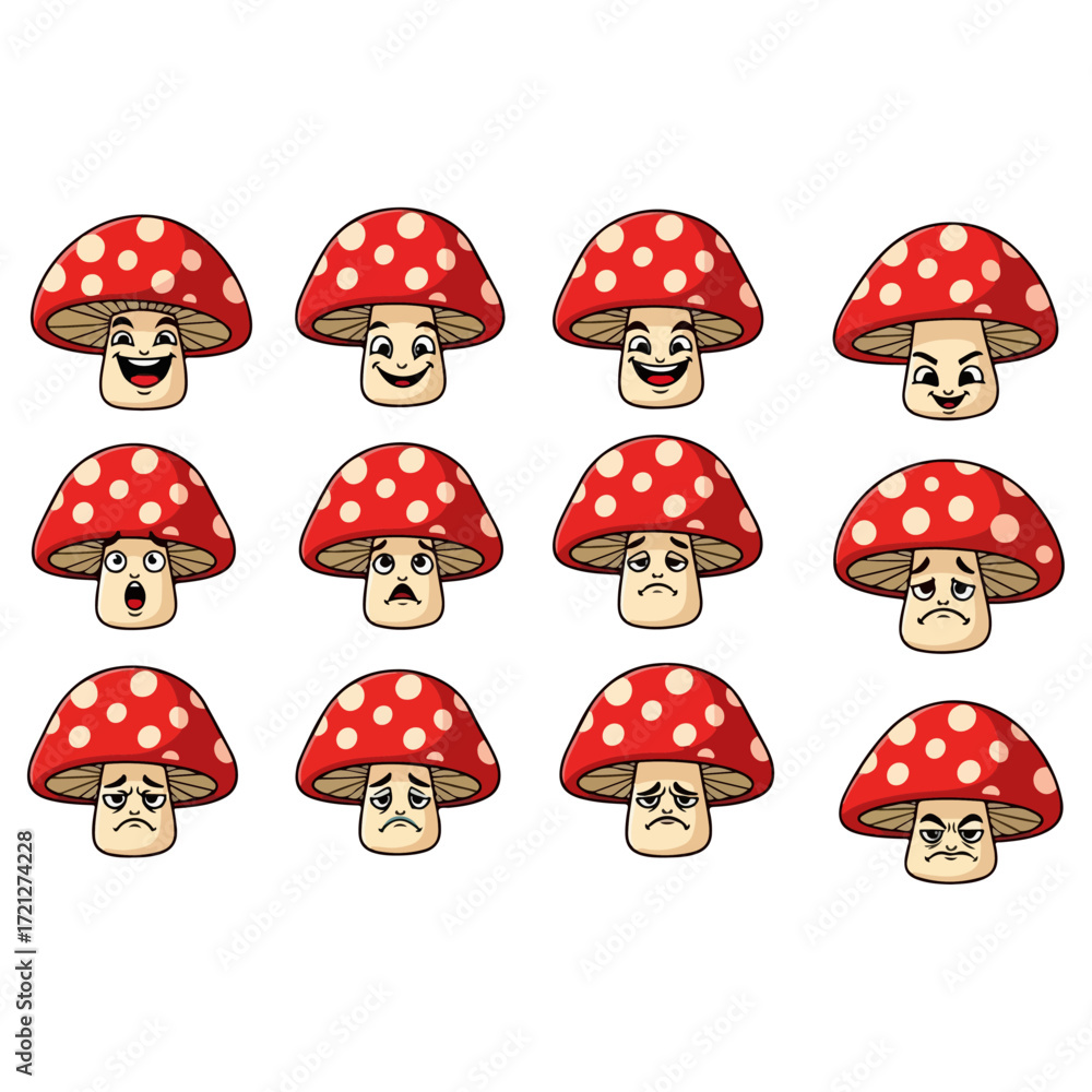 Fototapeta premium Red Mushroom Emojis with Various Expressions.