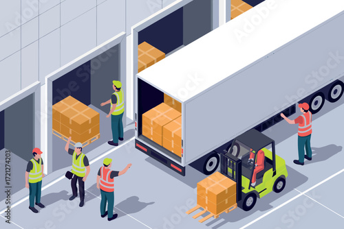 Warehouse logistics scene with workers loading a truck using forklifts and moving boxes for efficient cargo handling and supply chain operations