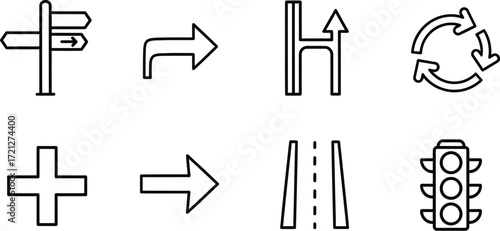Collection of clear line icons representing navigation and traffic signals, perfect for directional concepts.