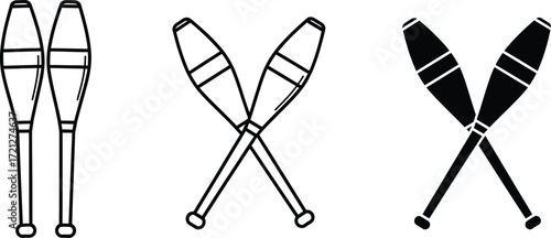 Juggling pins arranged in different styles, showcasing performance props.