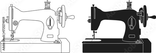 Classic sewing machine shown in outline and silhouette for design contrast