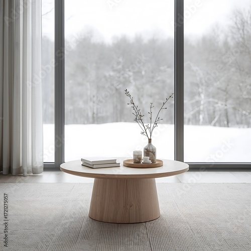  Scandinavian Living Room with Wooden Round Coffee Table Mockup