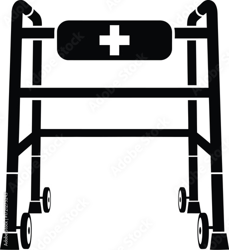 Medical walker with a cross symbol for healthcare assistance and mobility.