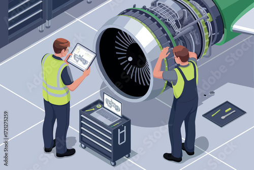 Aircraft jet engine maintenance technicians inspecting turbine blades with digital tablet in workshop