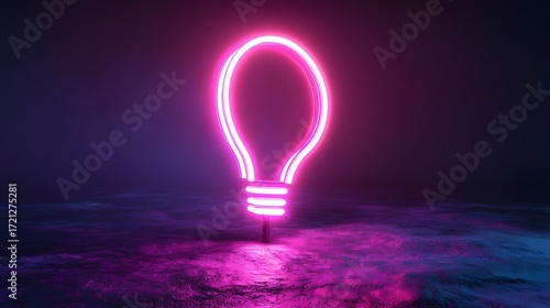 3D render of a pink neon light bulb icon against a dark, reflective blue and purple background.