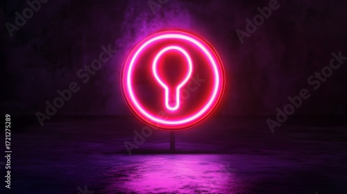 3D render of a pink neon tennis racket icon against a glossy, dark floor.