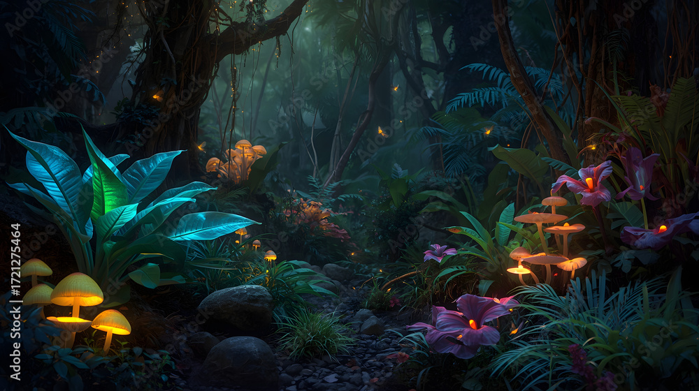 Naklejka premium A Magical Forest with Luminous Mushrooms and Plants