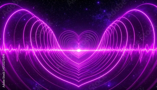 Abstract heart shape with glowing lines and cosmic background