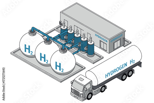 Advanced hydrogen fueling station with storage tanks and truck for sustainable energy solutions and clean transportation technology