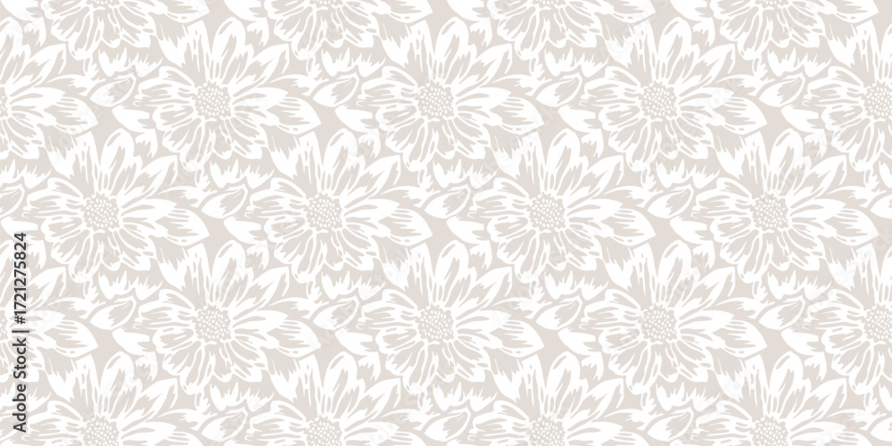 Vector abstract floral pattern. Seamless background with sketchy flower silhouettes. Subtle beige and white botanical ornament texture with negative space graphic effect. Minimal repeating design