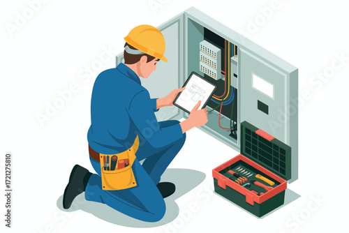 Electrician inspecting electrical panel with tablet and tool belt professional technician performing system check maintenance service